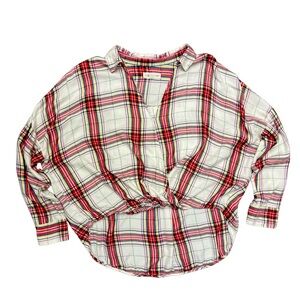 Lou & Grey For Loft Plaid V Neck Shirt Red Cream Long Sleeve Fall Casual Festive